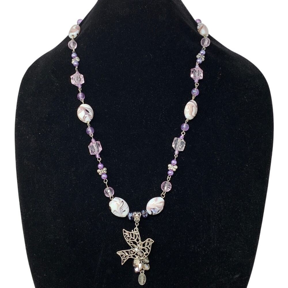 Handmade Artisan Beaded Necklace Purple White Beads Silver Tone Bird Pendant